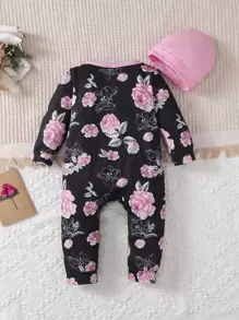 Baby Girl Floral Print Contrast Binding Bow Front Jumpsuit - Black - View 2