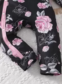 Baby Girl Floral Print Contrast Binding Bow Front Jumpsuit - Black - View 6