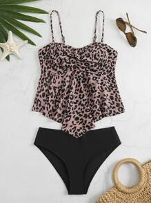 Swim Lushoire 2pcs/Set Women 2025 Leopard Print Casual Cami Tankini Set, Print Pattern Random Summer - Multicolor - View 5