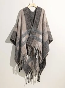Chal con patrón de cuadros bajo con fleco - Multicolor - Ver 1