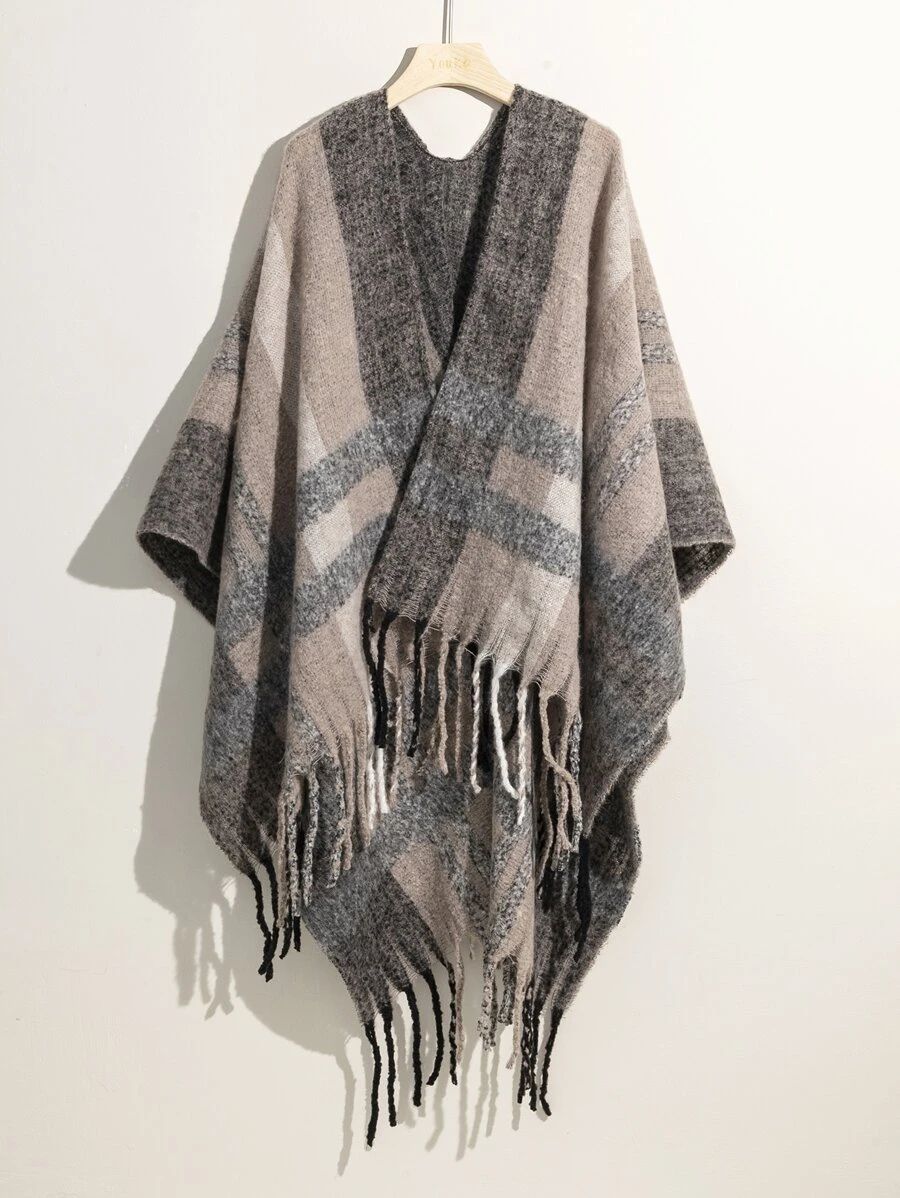 Chal con patrón de cuadros bajo con fleco - Multicolor - Ver 1