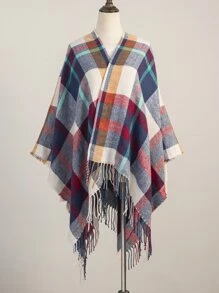 Chal con patrón de cuadros bajo con fleco - Multicolor - Ver 2