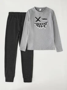 Conjunto de pijama impreso de expresión para niños preadolescentes con ajuste apretado - Multicolor - Ver 1