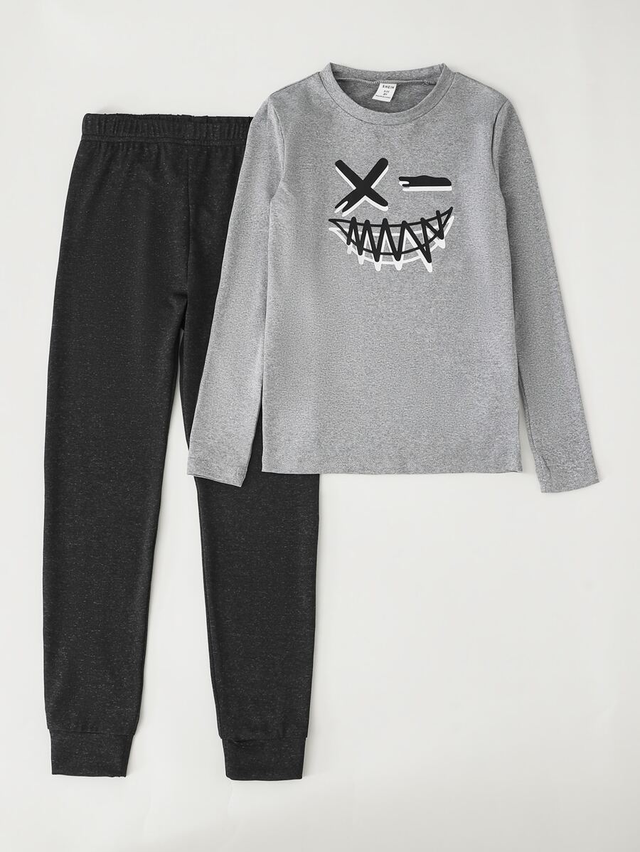 Conjunto de pijama impreso de expresión para niños preadolescentes con ajuste apretado - Multicolor - Ver 1