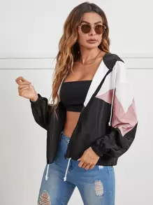 RueChic Colourblock Drawstring Hooded Windbreaker Jacket - Multicolor - View 1