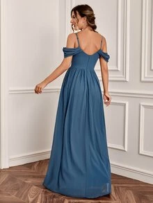 Mesh Insert Cold Shoulder Chiffon Bridesmaid Dress - Dusty Blue - View 2