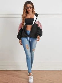 RueChic Colourblock Drawstring Hooded Windbreaker Jacket - Multicolor - View 4