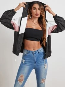 RueChic Colourblock Drawstring Hooded Windbreaker Jacket - Multicolor - View 5
