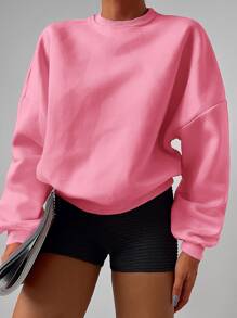 RueChic Solid Mock Neck Drop Shoulder Pullover - Pink - View 5