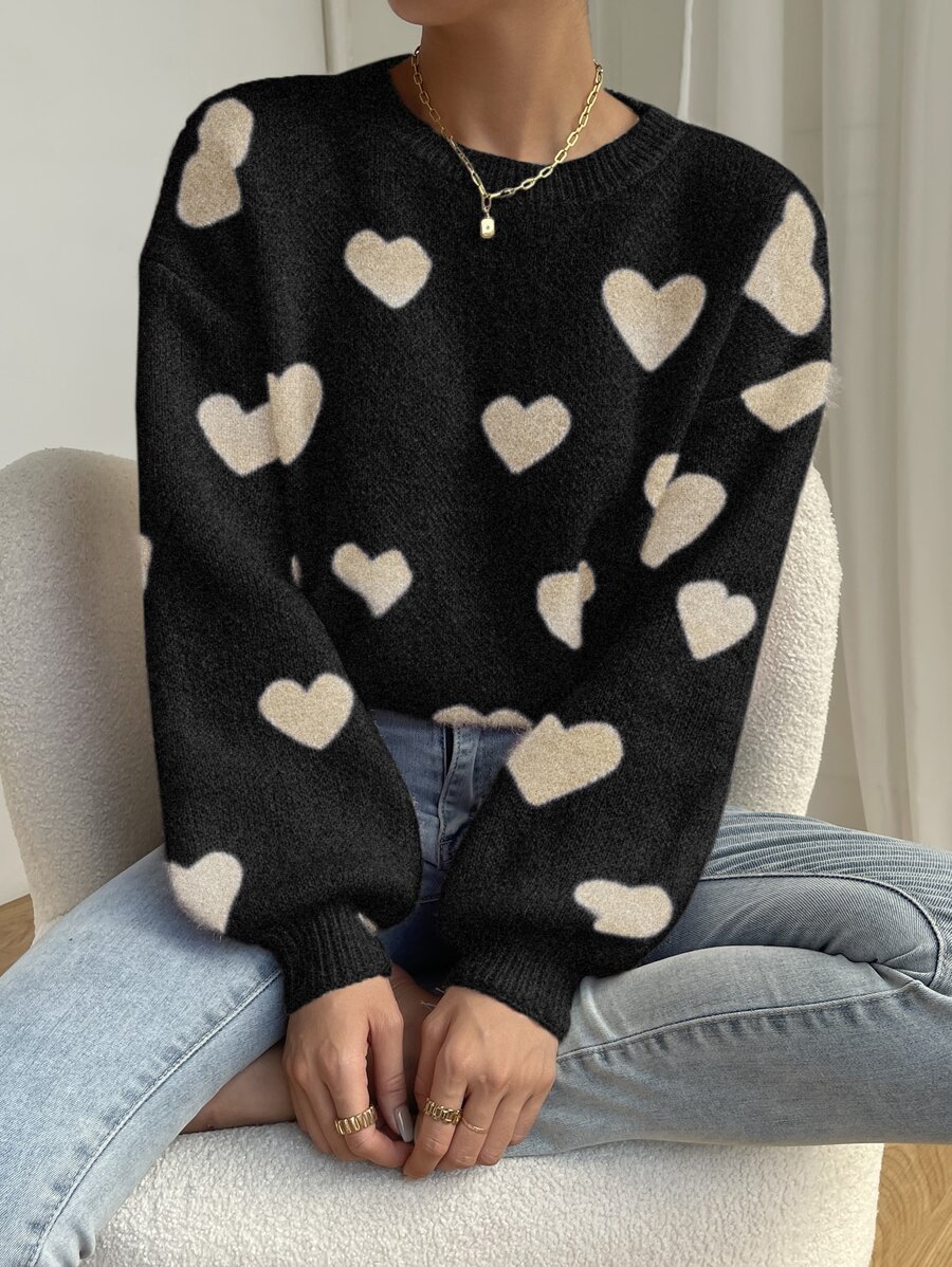 SHEIN Unity Heart Pattern Drop Shoulder Sweater - Black - View 1