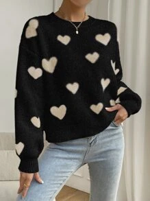 SHEIN Unity Heart Pattern Drop Shoulder Sweater - Black - View 3