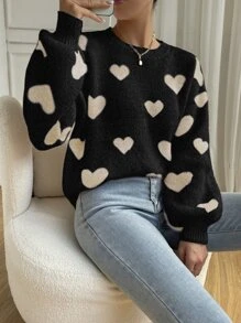SHEIN Unity Heart Pattern Drop Shoulder Sweater - Black - View 4