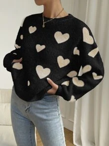 SHEIN Unity Heart Pattern Drop Shoulder Sweater - Black - View 5