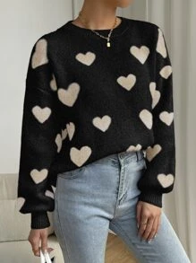 SHEIN Unity Heart Pattern Drop Shoulder Sweater - Black - View 6