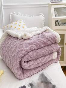 1pc Knit Pattern Double Layered Thick Bed Blanket - Purple - View 6