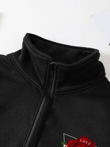 SHEIN EZwear Plus Letter & Floral Print Half Zip Sweatshirt - Black - View 6