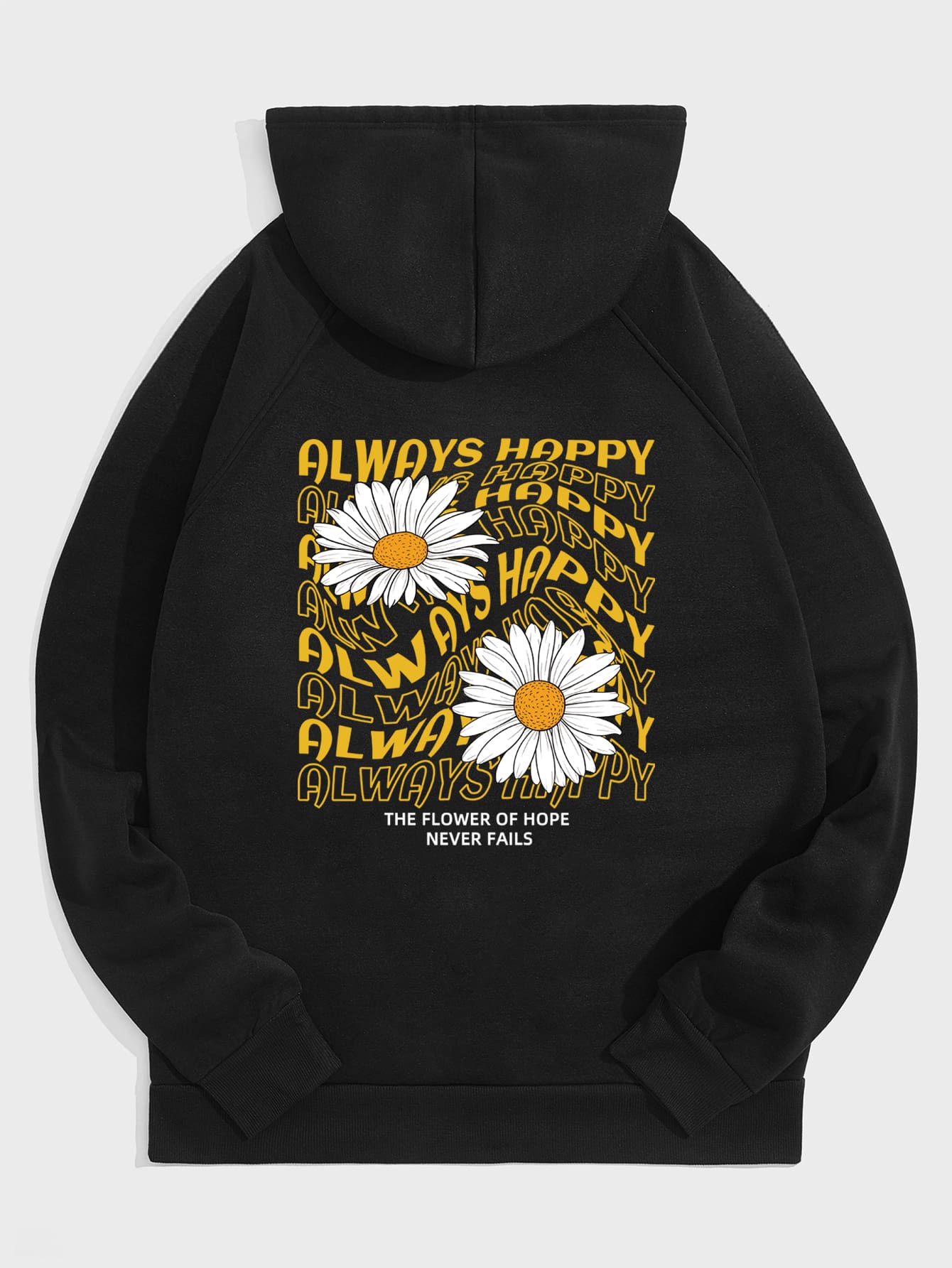 Men Floral & Slogan Graphic Raglan Sleeve Thermal Lined Drawstring Hoodie - Black - View 1