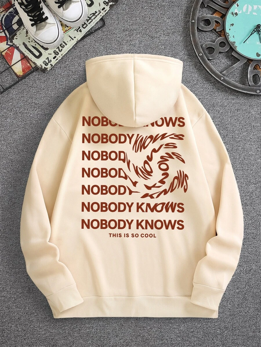 男士標語圖案袋鼠口袋抽繩保暖連帽衫 - 杏色 - 查看 1