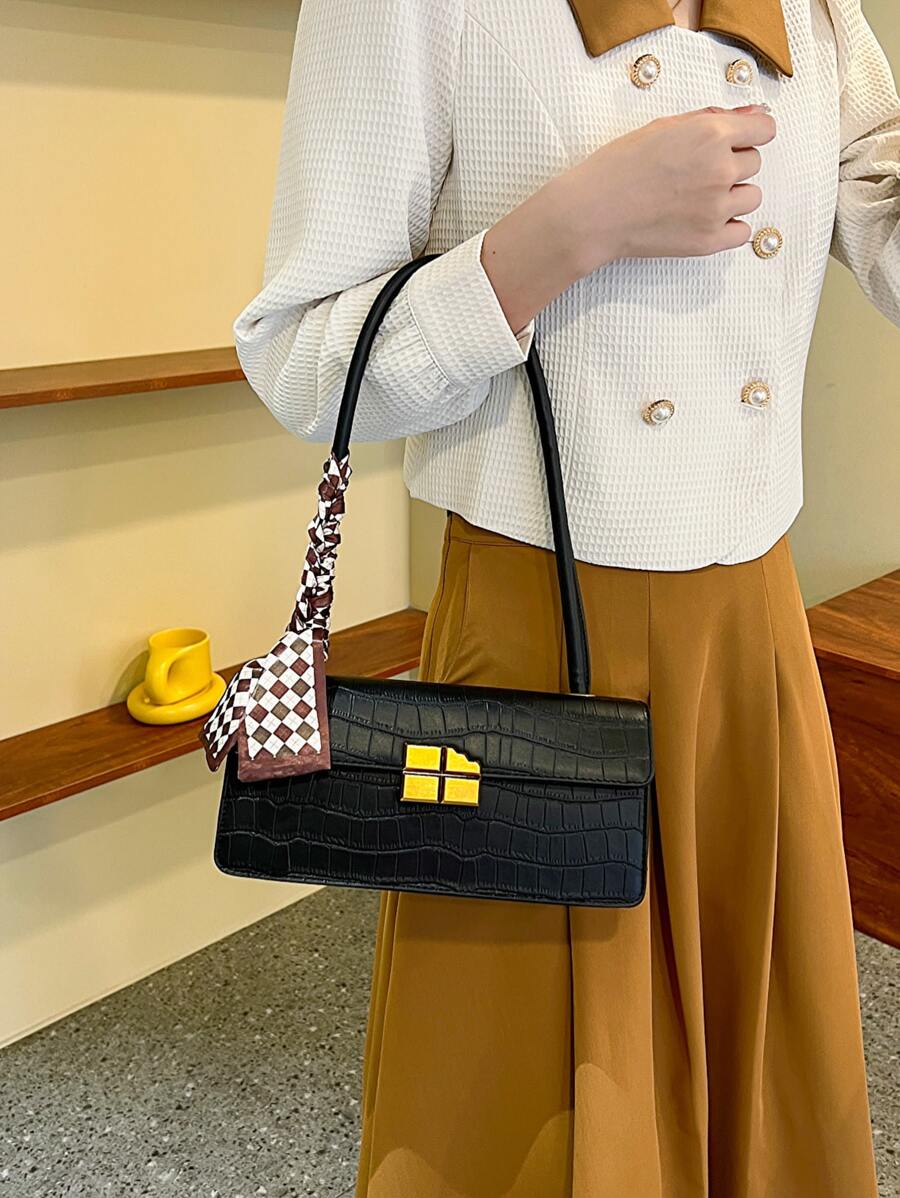 Crocodile Embossed Metal Lock Skinny Scarf Decor Flap Bag - Black - View 1