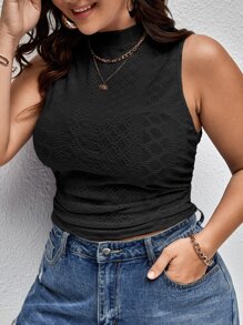 SHEIN Essnce 大碼網眼刺繡褶邊背心上衣 - 黑色 - 查看 1