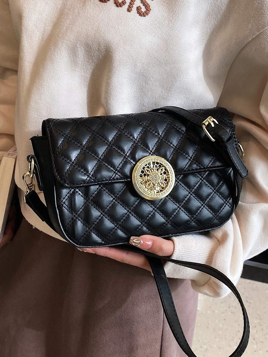 Metal Lock Argyle Quilted Flap Square Bag