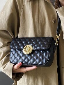 Metal Lock Argyle Quilted Flap Square Bag