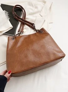 Bolso tote de hombro con bolsillo delantero - Marrón - Ver 5