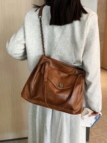 Bolso tote de hombro con bolsillo delantero - Marrón - Ver 7