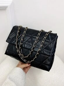 Đơn giản thời trang nắp PU màu đen vàng dung tích lớn hốc hình học thanh lịch trí tuệ túi xách nữ túi xách chỉ thêu dây chuyền kim loại túi đeo vai - màu đen - Xem 4