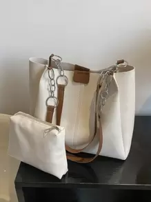 Bolso de hombro con cadena, de gran capacidad y diseño minimalista con efecto de piel sintética, con bolsillo interior. Ideal para adolescentes, mujeres, estudiantes universitarias, principiantes y trabajadores de oficina. Perfecto para la oficina, el trabajo, los negocios y los trayectos. - Beis - Ver 1