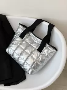 Bolso de hombro con acolchado y ribete de contraste, bolsos de mano para estudiantes, con múltiples compartimentos, perfectos para la playa, la escuela, el trabajo y el uso diario - Plateado - Ver 3
