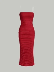 SHEIN MOD Vestido de tirantes con diseño de diamante de imitación fruncido - Rojo - Ver 1