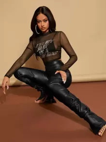 SHEIN SXY High Waist Ruched PU Leather Skinny Pants - Black - View 4