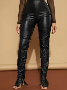 SHEIN SXY High Waist Ruched PU Leather Skinny Pants - Black - View 5