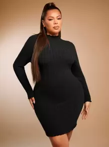 SHEIN SXY 大碼小高領木耳邊緊身連衣裙 - 黑色 - 查看 1