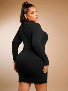SHEIN SXY 大碼小高領木耳邊緊身連衣裙 - 黑色 - 查看 2