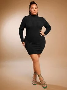 SHEIN SXY 大碼小高領木耳邊緊身連衣裙 - 黑色 - 查看 3
