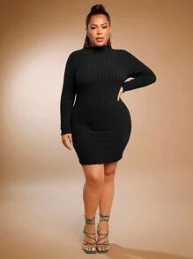SHEIN SXY 大碼小高領木耳邊緊身連衣裙 - 黑色 - 查看 4