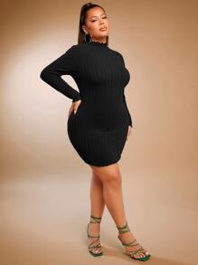 SHEIN SXY 大碼小高領木耳邊緊身連衣裙 - 黑色 - 查看 5