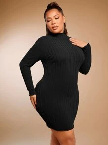SHEIN SXY 大碼小高領木耳邊緊身連衣裙 - 黑色 - 查看 6
