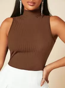 SHEIN SXY Solid High Neck Tank Top - Coffee Brown - View 1