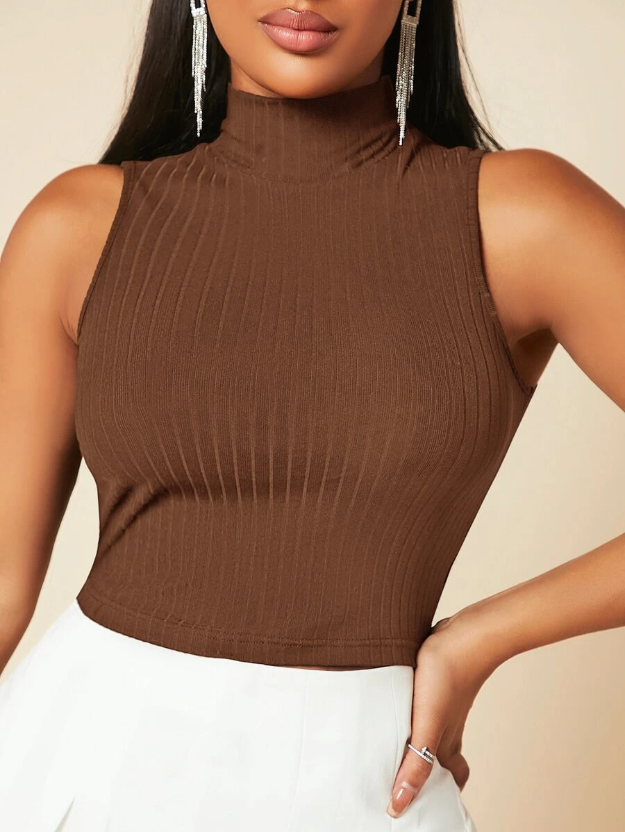 SHEIN SXY Solid High Neck Tank Top - Coffee Brown - View 1