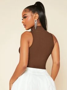 SHEIN SXY Solid High Neck Tank Top - Coffee Brown - View 2