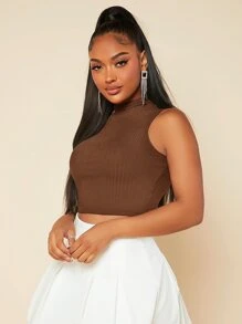 SHEIN SXY Solid High Neck Tank Top - Coffee Brown - View 3