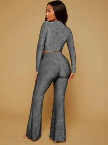 SHEIN SXY Mock Neck Crop Glitter Top & Flare Leg Pants - Dark Grey - View 2