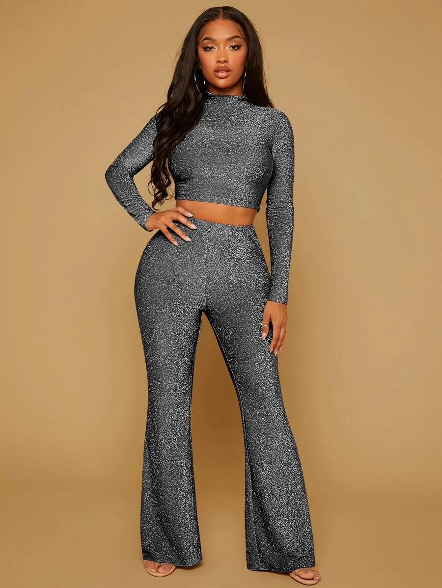 SHEIN SXY Mock Neck Crop Glitter Top & Flare Leg Pants - Dark Grey - View 1