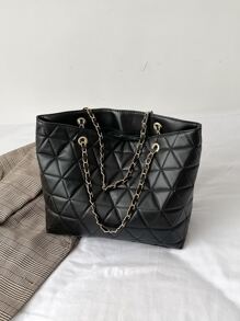 衍縫鏈條肩帶托特包 - 黑色 - 查看 2