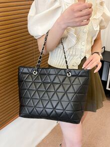 衍縫鏈條肩帶托特包 - 黑色 - 查看 6