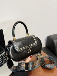 刺繡細節翻蓋手提包 - 黑色 - 查看 1