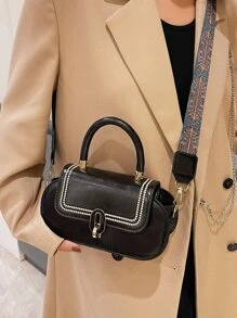 刺繡細節翻蓋手提包 - 黑色 - 查看 2